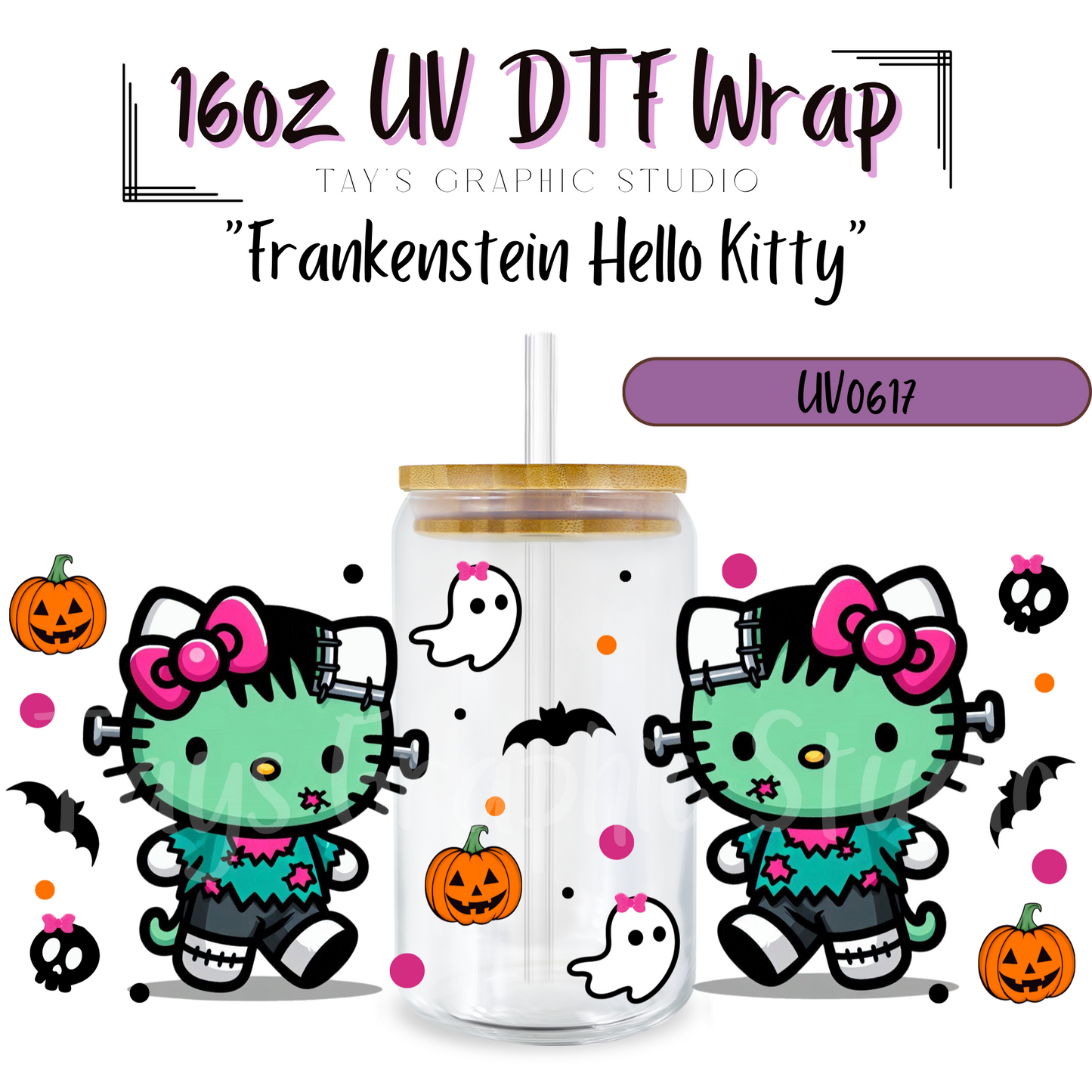 Exclusive - Frankenstein Hello Kitty 16oz UV DTF Wrap - MTO0617