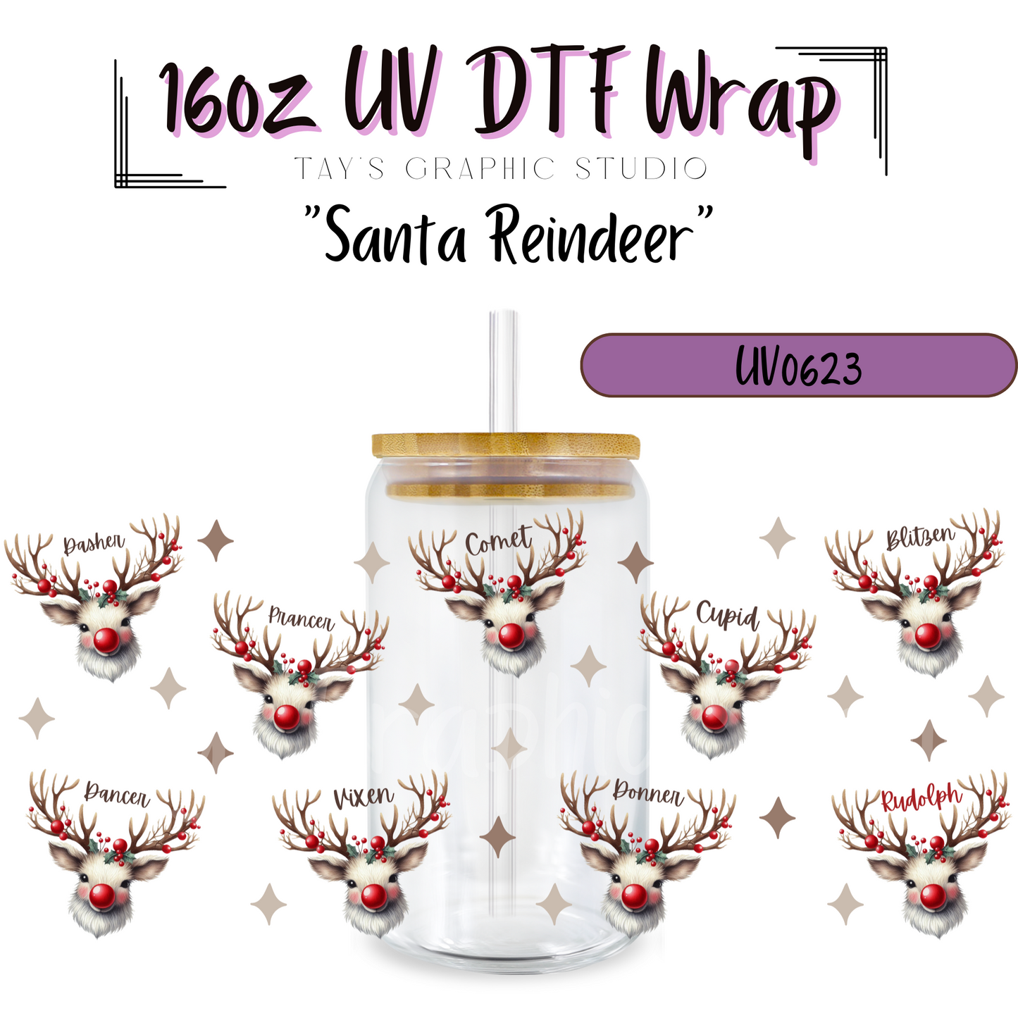 Exclusive Santa's Reindeer 16oz UV DTF Wrap - MTO0623