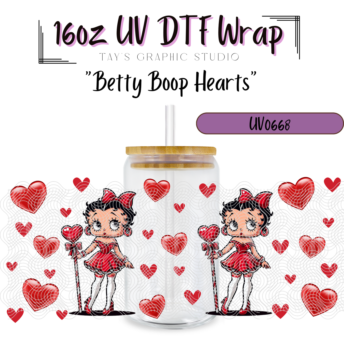 Exclusive - Betty Boop Hearts 16oz UV DTF Wrap - MTO0668