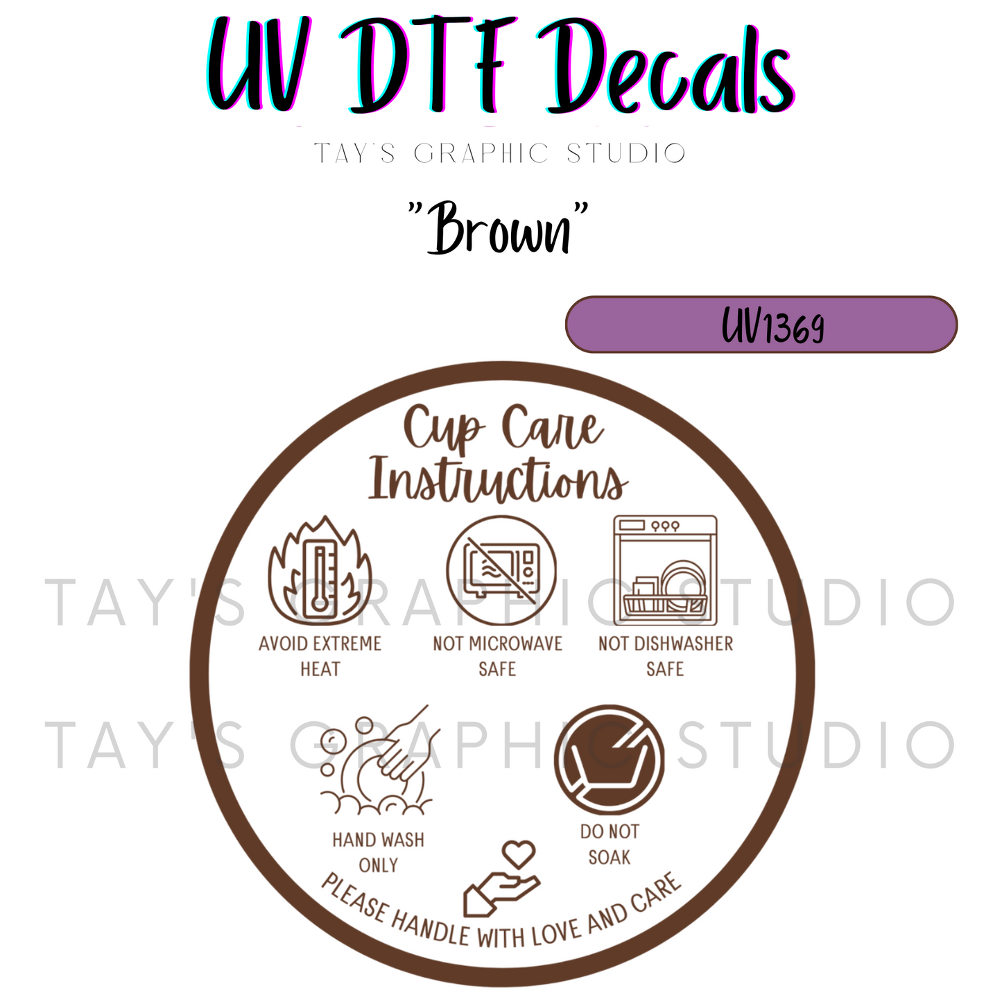 Exclusive - 12 DIFFERENT COLOR OPTIONS - Bottom of cup Care Instructions Decal UV DTF Wrap - RTS0012