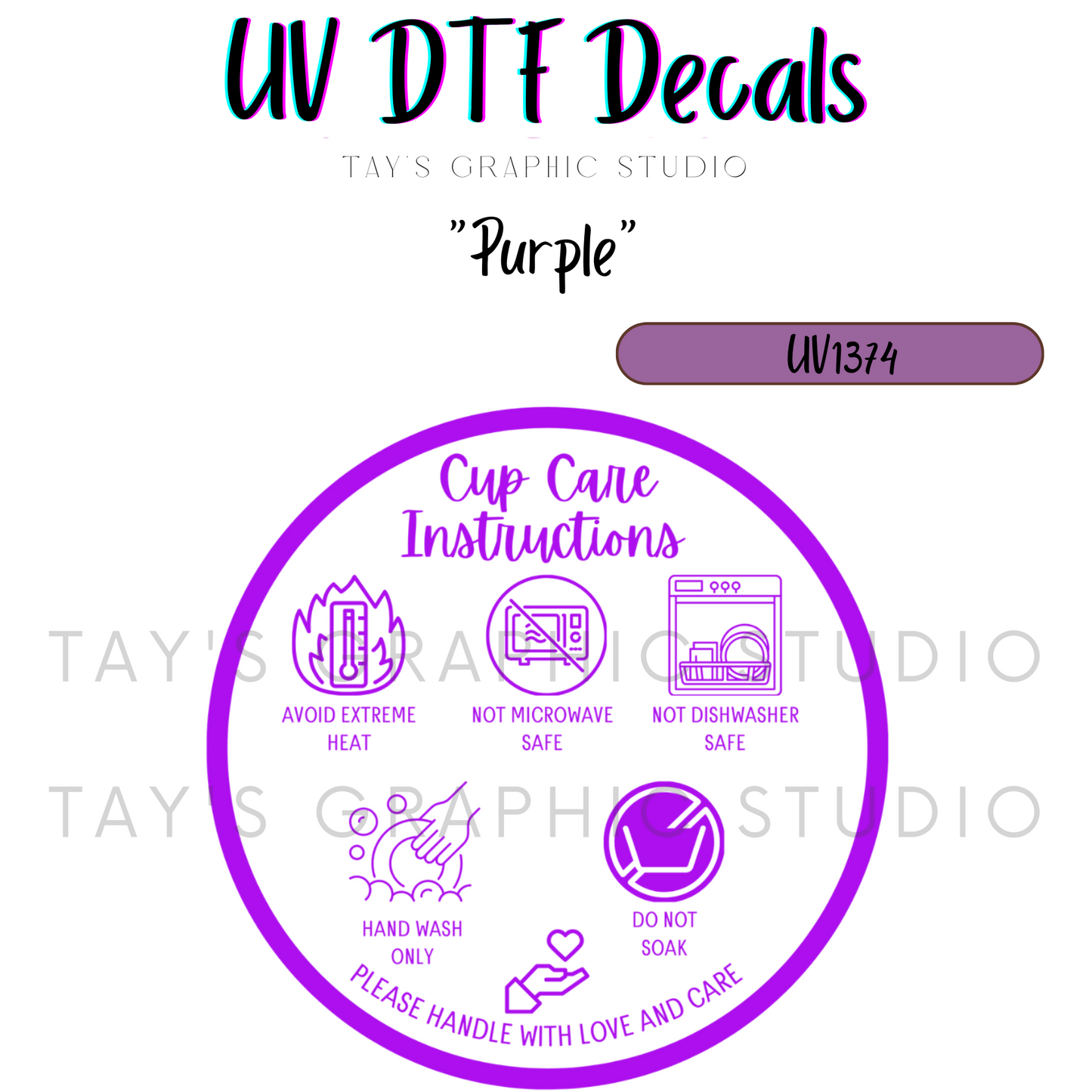 Exclusive - 12 DIFFERENT COLOR OPTIONS - Bottom of cup Care Instructions Decal UV DTF Wrap - RTS0012