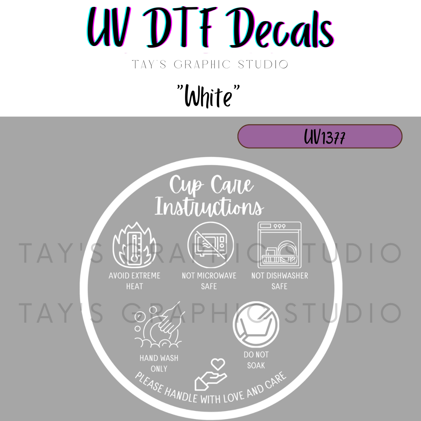 Exclusive - 12 DIFFERENT COLOR OPTIONS - Bottom of cup Care Instructions Decal UV DTF Wrap - RTS0012