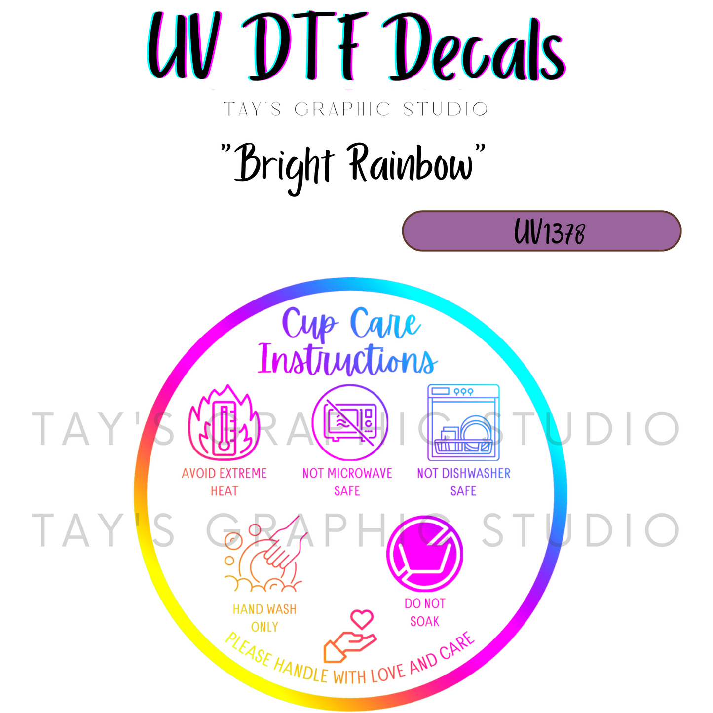 Exclusive - 2 OPTIONS - Rainbow Bottom of Cup Care Instructions Decal - MTO